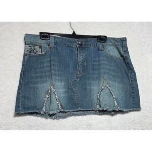 Industrial Cotton Denim Mini Skirt Medium Wash Tribal Embroidery Y2K Size 13